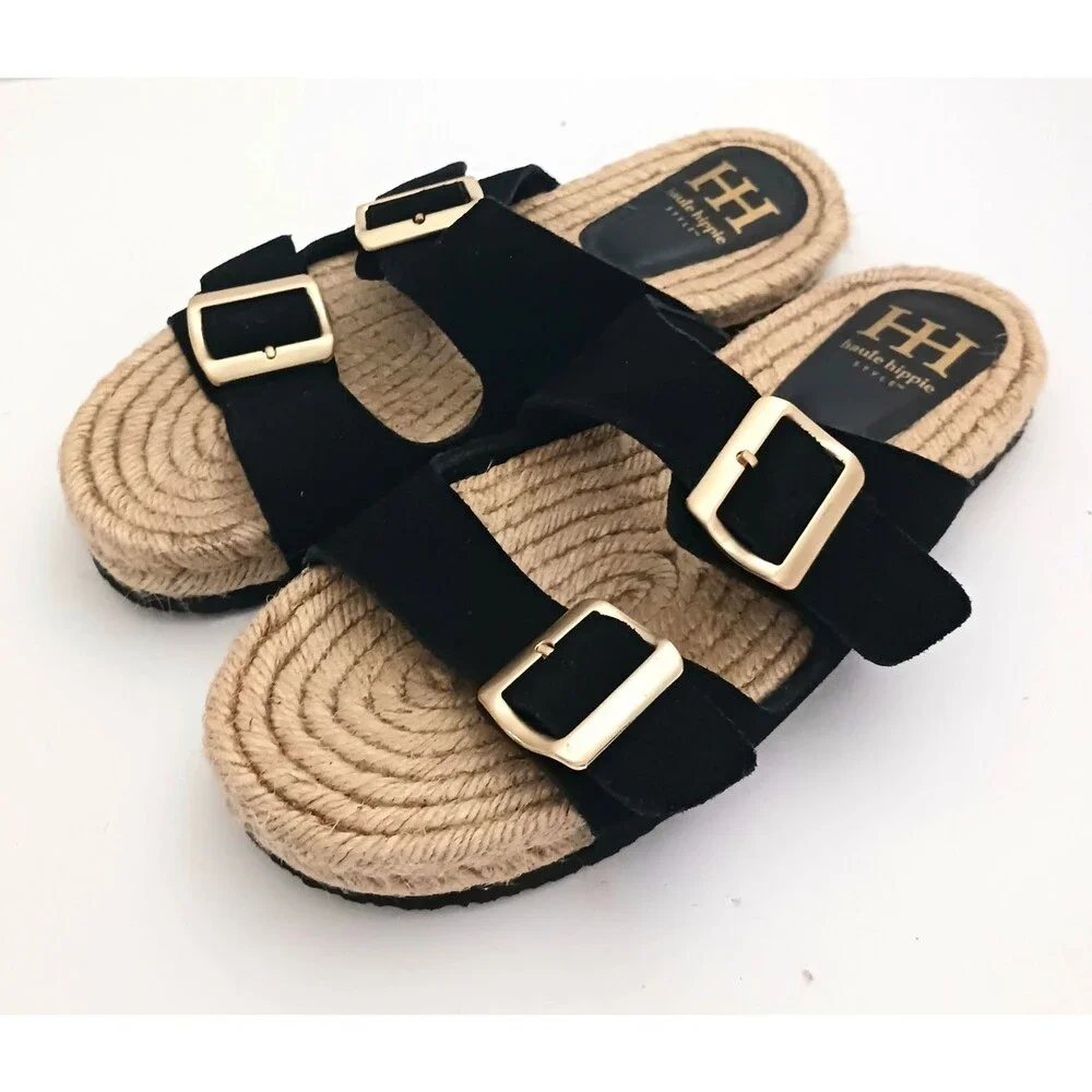 NEW Haute Hippie Blk Suede Straps Gold Buckle Flat Espadrille Slides 8.5M